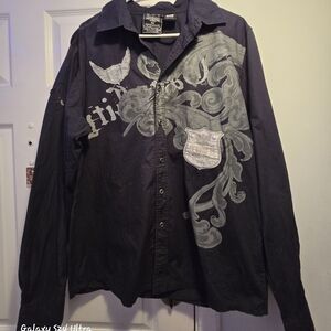 Men's Black Graphic Button-Up Shirt Jacket XL